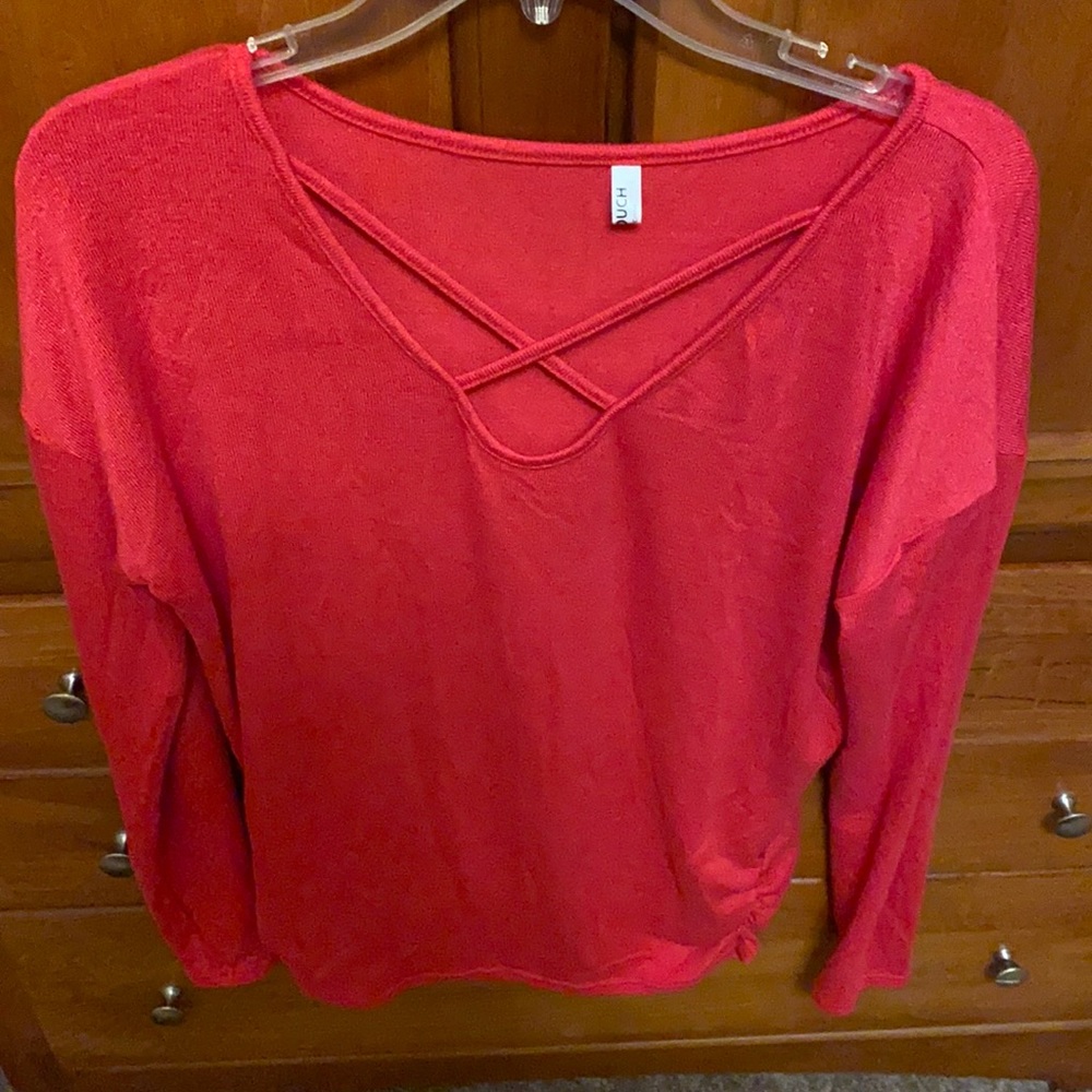 Light weight pink ruching body con sweater with criss cross neckline size S